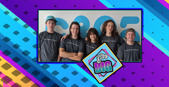 A graphic image with the c89.5 logo, an inset image with the words "Give Big" and a photo graph 5 teenage students standing in front of the c89.5 logo in our studios.