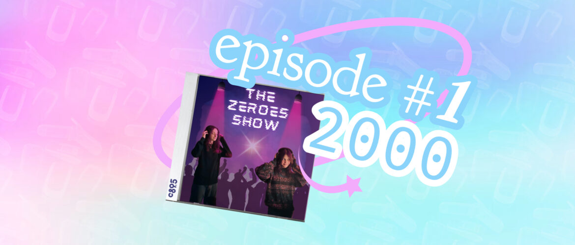 An image of two students wearing headphones in a cartoon club with the words "The Zeroes Show"