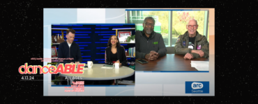 A screeshot image of the two anchor of "ARC Seattle" on KOMO TV sitting behind a desk along with another shot of Ron Chatman and a representative from the Museum of Flight with the words "danceABLE"