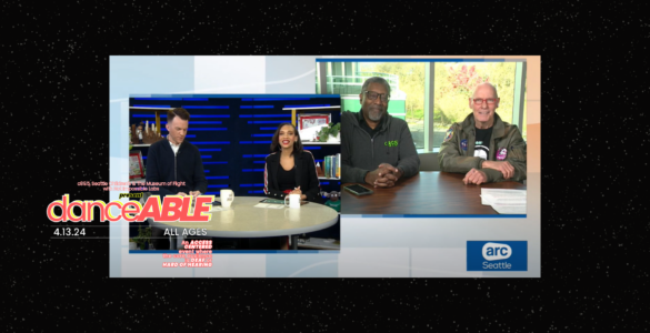 A screeshot image of the two anchor of "ARC Seattle" on KOMO TV sitting behind a desk along with another shot of Ron Chatman and a representative from the Museum of Flight with the words "danceABLE"