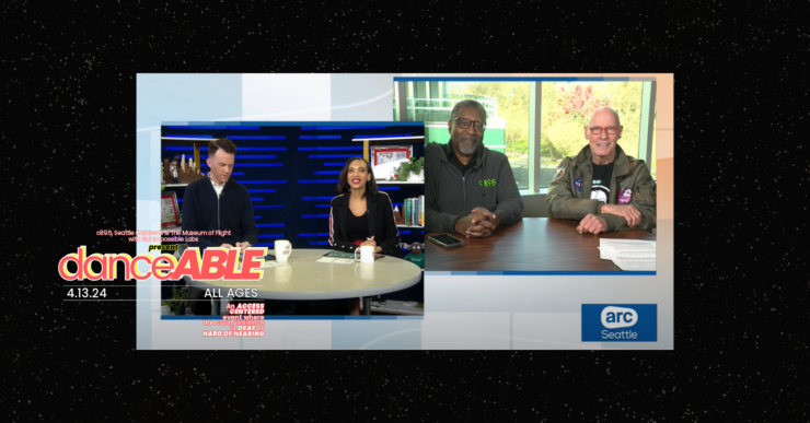 A screeshot image of the two anchor of "ARC Seattle" on KOMO TV sitting behind a desk along with another shot of Ron Chatman and a representative from the Museum of Flight with the words "danceABLE"