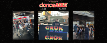 The words "danceABLE" with three photos one of people dancing with a R2D2, Anabel Englund singing into a mic behind the c895 logo and a far shot of people dancing under a retired jet."