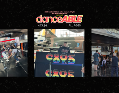 The words "danceABLE" with three photos one of people dancing with a R2D2, Anabel Englund singing into a mic behind the c895 logo and a far shot of people dancing under a retired jet."