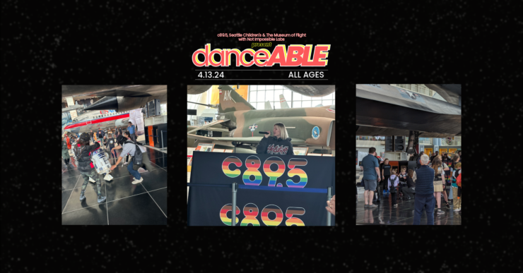 The words "danceABLE" with three photos one of people dancing with a R2D2, Anabel Englund singing into a mic behind the c895 logo and a far shot of people dancing under a retired jet."