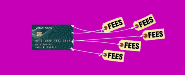 A graphic image of a credit card to which 4 strings and price tags are attached, except, instead of a price on the tags is the word "FEES"