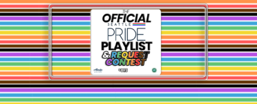 Multicolored horizontal stripes background featuring a central white square with text that reads "The Official Seattle Pride Playlist & Request Contest" with logos of Amazon Music and Seattle Pride visible.