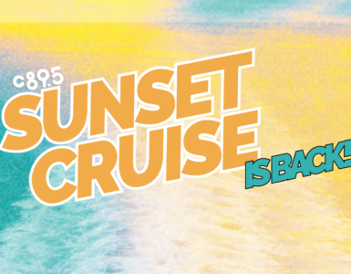 Colorful graphic featuring the text "c89.5 SUNSET CRUISE IS BACK!" overlaid on an abstract, vibrant background suggestive of a sunset over water.
