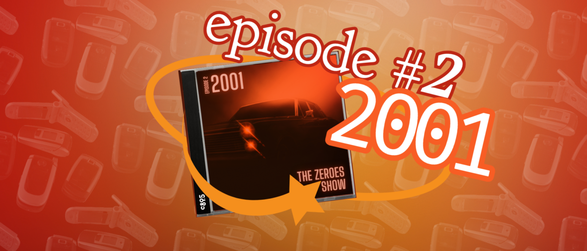 An image of two students wearing headphones in a cartoon club with the words "The Zeroes Show, Episode 2, 2001"