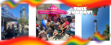 The image features a collage of three panels promoting various events. From left to right: the first panel shows individuals with rollerskates dancing outdoors with a banner saying "This Sunday C89.5" in bright colors. The middle panel advertises an event with the text "Saturday June 29 5P-7P, C89.5 Dance Party, All Ages / Free, AIDS Memorial Pathway Plaza at Denny/Broadway, PRIDEFEST" featuring photos of two DJs, DJ Lightray and DJ Alfonso. The right panel displays a crowd of spectators at an outdoor festival. Colorful rainbows frame the entire image, emphasizing a vibrant and celebratory atmosphere.