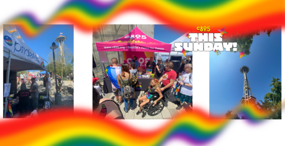 The image features a collage of three panels promoting various events. From left to right: the first panel shows individuals with rollerskates dancing outdoors with a banner saying "This Sunday C89.5" in bright colors. The middle panel advertises an event with the text "Saturday June 29 5P-7P, C89.5 Dance Party, All Ages / Free, AIDS Memorial Pathway Plaza at Denny/Broadway, PRIDEFEST" featuring photos of two DJs, DJ Lightray and DJ Alfonso. The right panel displays a crowd of spectators at an outdoor festival. Colorful rainbows frame the entire image, emphasizing a vibrant and celebratory atmosphere.