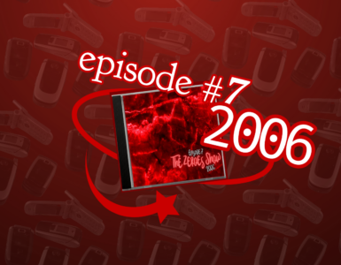 A vibrant graphic featuring the number “2006” in large white digits on a red background with a stylized texture of photographic film reels. On the left side, a smaller box is superimposed containing a red-filtered image of a chaotic scene with the text "episode #7 and an arrow pointing towards the number 2006.