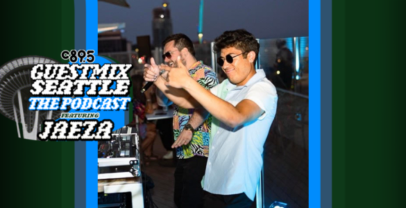 Promotional image featuring two individuals engaging in playful activities on a roofto The background shows a city skyline during twilight. Text overlay includes "c895" at the top left, and "Guestmix Seattle The Podcast Featuring Jaeza" along the bottom. The overall mood is lively and cheerful.