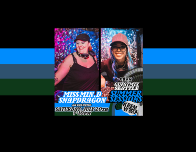 Two promotional posters side by side. Left poster features a person wearing a black tank top and a hat against a sparkly background, with text "MISS MIN.D SNAPDRAGON" and details of a DJ event. Right poster shows a person wearing sunglasses and a cap, with text "GUEST MIX- SEATTLE SUMMER SESSIONS" and similar event details. Both events are at Kremwerk on July 20th at 10 PM.