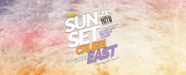 Promotional poster for "Sunset Cruise East" event on August 14th, featuring DJ performances by Lady Love, Mia Maya, and Kyle-L, held at Carillon Point, Kirkland on Hiyu Floating Venue. The design includes bold, stylized fonts with a colorful, abstract background.