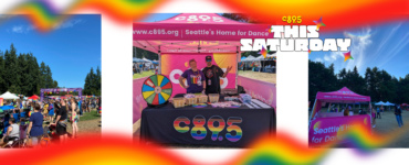 Promotional event for C89.5 radio station, featuring a booth with three individuals under a colorful banner, surrounded by attendees and various activities in a sunny outdoor setting.