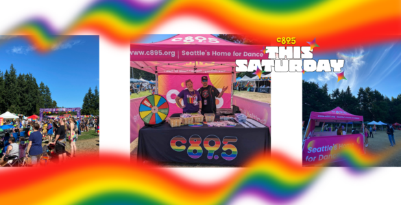 Promotional event for C89.5 radio station, featuring a booth with three individuals under a colorful banner, surrounded by attendees and various activities in a sunny outdoor setting.