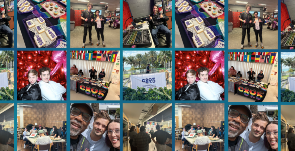 Collage of photos from c895 Radio events featuring individuals engaging in various activities such as playing games, posing for photos, and interacting in different indoor settings, all marked with c895 Radio logos.