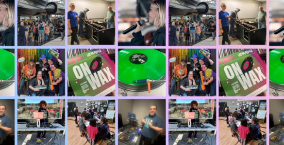Collage of photos from c895 Radio events featuring individuals engaging in various activities such as playing games, posing for photos, and interacting in different indoor settings, all marked with c895 Radio logos.