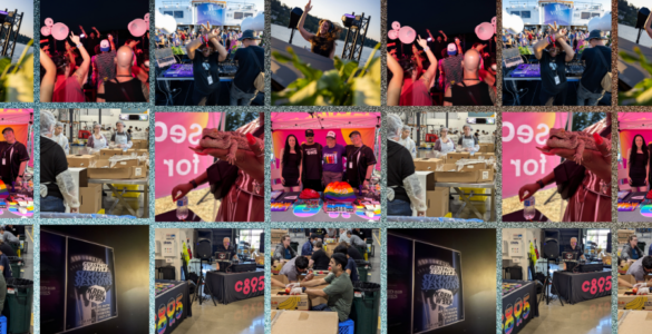 Collage of photos from c895 Radio events featuring individuals engaging in various activities such as playing games, posing for photos, and interacting in different indoor settings, all marked with c895 Radio logos.