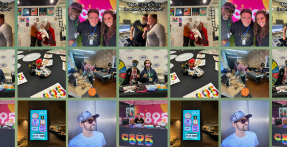 Collage of photos from c895 Radio events featuring individuals engaging in various activities such as playing games, posing for photos, and interacting in different indoor settings, all marked with c895 Radio logos.