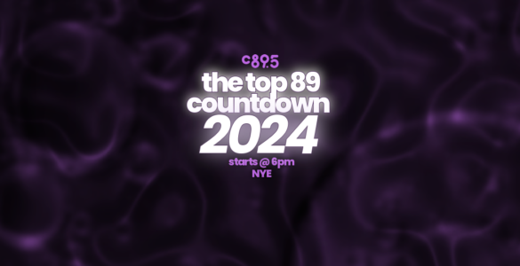 Promotional graphic for C895's "The Top 89 Countdown 2024" event, featuring purple abstract background and text stating the event starts at 6pm on New Year's Eve.
