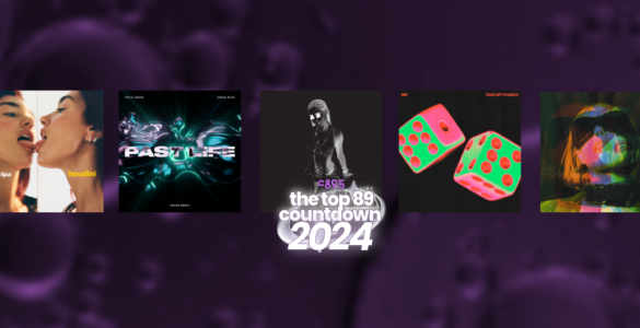 Album cover art montage featuring various music genres, including artists like Gorillaz's "Dare" and The Prodigy's "No Tourists". Other visuals include a stylized postcard with 'Paris', an abstract art piece, and a vivid, colorful depiction of a neon-light number '89'.