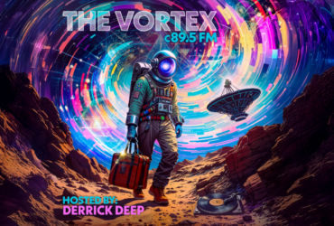 Promotional artwork for 'The Vortex C89.5 FM', featuring an astronaut in a colorful space-themed suit carrying a red suitcase, walking on a rocky terrain with swirling galaxies overhead and a floating vinyl record nearby. Also includes imagery of a futuristic satellite dish.