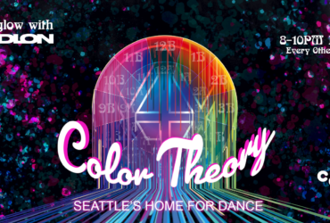 Promotional banner for 'Color Theory with Madion' featuring 'Color Theory' at C895, Seattle's Home for Dance. Event time listed as 8-10PM Pacific, every other Sunday. The graphic includes a vibrant, colorful background with a stylized number M at the center.