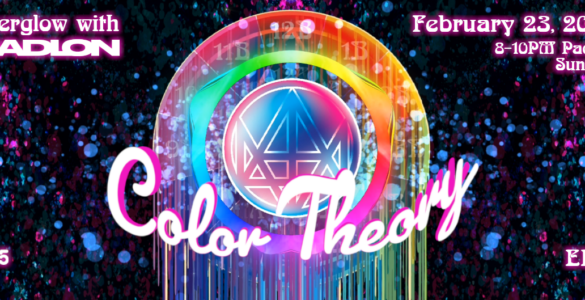 Promotional banner for 'Color Theory with Madion' featuring 'Color Theory' at C895, Seattle's Home for Dance. Event time listed as 8-10PM Pacific, every other Sunday. The graphic includes a vibrant, colorful background with a stylized number M at the center.