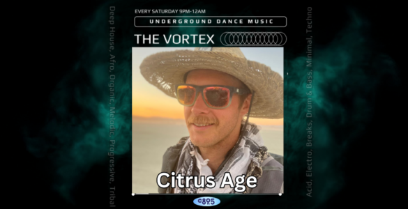 Promotional image for "The Vortex" underground dance music event featuring DJ Citrus Age, who is wearing sunglasses and a straw hat, with a sunset background.