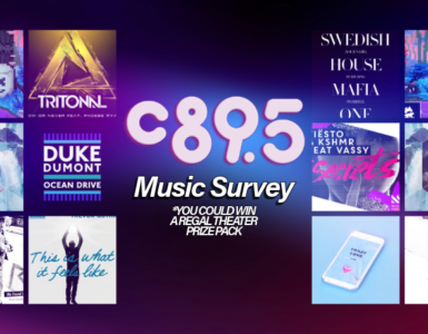 Promotional banner for C89.5 Music Survey featuring album covers and names of various artists including Swedish House Mafia, Tritonal, Duke Dumont, and others, with a colorful and vibrant design.