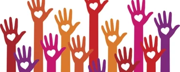 a graphic of multi-colored hands held up high, with a heart silhouette in the palm of each hand.