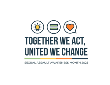 Logo for Sexual Assault Awareness Month 2025 featuring the slogan "Together We Act, United We Change" with icons of a lightbulb, three horizontal lines, and a heart above the text.