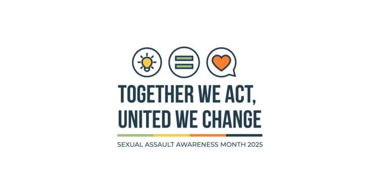 Logo for Sexual Assault Awareness Month 2025 featuring the slogan "Together We Act, United We Change" with icons of a lightbulb, three horizontal lines, and a heart above the text.