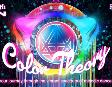 Promotional banner for "Afterglow with Madeon, Color Theory" event on April 6, 2025, from 8-10 PM Pacific Time, featuring vibrant, colorful graphics and text announcing EP 7 and a thematic focus on melodic dance music.