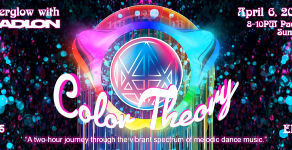 Promotional banner for "Afterglow with Madeon, Color Theory" event on April 6, 2025, from 8-10 PM Pacific Time, featuring vibrant, colorful graphics and text announcing EP 7 and a thematic focus on melodic dance music.