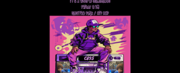 Promotional poster for a music event titled "It's a Vibe w/ Daddilove, Friday 8 PM" featuring electro funk & hip hop. The artwork depicts a DJ seated on a large boombox, wearing a purple outfit and a cap labeled "TABU". Background includes abstract graffiti elements in pink and yellow tones.