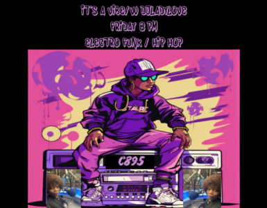 Promotional poster for a music event titled "It's a Vibe w/ Daddilove, Friday 8 PM" featuring electro funk & hip hop. The artwork depicts a DJ seated on a large boombox, wearing a purple outfit and a cap labeled "TABU". Background includes abstract graffiti elements in pink and yellow tones.