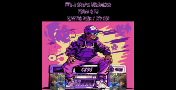 Promotional poster for a music event titled "It's a Vibe w/ Daddilove, Friday 8 PM" featuring electro funk & hip hop. The artwork depicts a DJ seated on a large boombox, wearing a purple outfit and a cap labeled "TABU". Background includes abstract graffiti elements in pink and yellow tones.