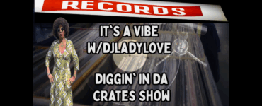 Promotional banner for 'It's a Vibe with DJ Lady Love' on Records label, featuring an individual in a patterned outfit standing next to a pile of vinyl records.