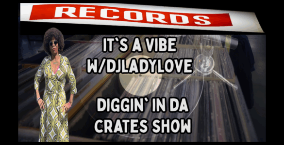 Promotional banner for 'It's a Vibe with DJ Lady Love' on Records label, featuring an individual in a patterned outfit standing next to a pile of vinyl records.