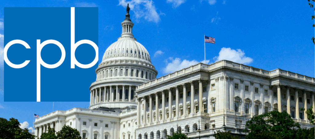 Logo of the Corporation for Public Broadcasting next to an image of the United States Capitol building under a clear blue sky.