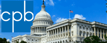 Logo of the Corporation for Public Broadcasting next to an image of the United States Capitol building under a clear blue sky.