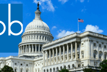 Logo of the Corporation for Public Broadcasting next to an image of the United States Capitol building under a clear blue sky.