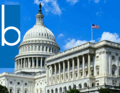 Logo of the Corporation for Public Broadcasting next to an image of the United States Capitol building under a clear blue sky.