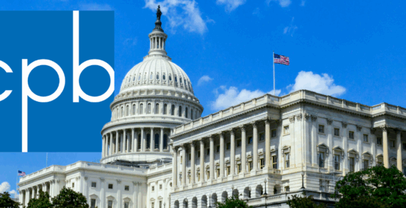 Logo of the Corporation for Public Broadcasting next to an image of the United States Capitol building under a clear blue sky.