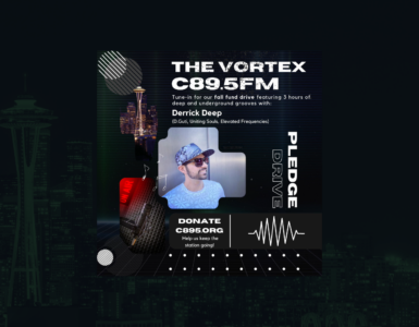 Promotional image for The Vortex on C89.5 FM featuring DJ Derrick Deep. Includes text about the radio show with a dark, urban background and a visual of sound waves. A 'Donate' button links to C895.org.