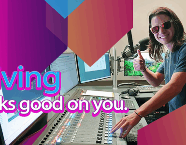 A graphic image with the words "Giving looks good on you" and a photo of a young man wearing sunglasses and giving the thumbs up sign. He is standing in front of a radio mixing board and a microphone.