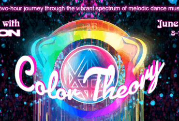 Promotional banner for "Afterglow with Madeon" featuring the event "Color Theory" on June 1st, 2025 from 8-10 PM Pacific, titled as a two-hour journey through the vibrant spectrum of melodic dance music, EP 11, against a sparkling multicolored background.