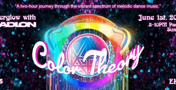 Promotional banner for "Afterglow with Madeon" featuring the event "Color Theory" on June 1st, 2025 from 8-10 PM Pacific, titled as a two-hour journey through the vibrant spectrum of melodic dance music, EP 11, against a sparkling multicolored background.